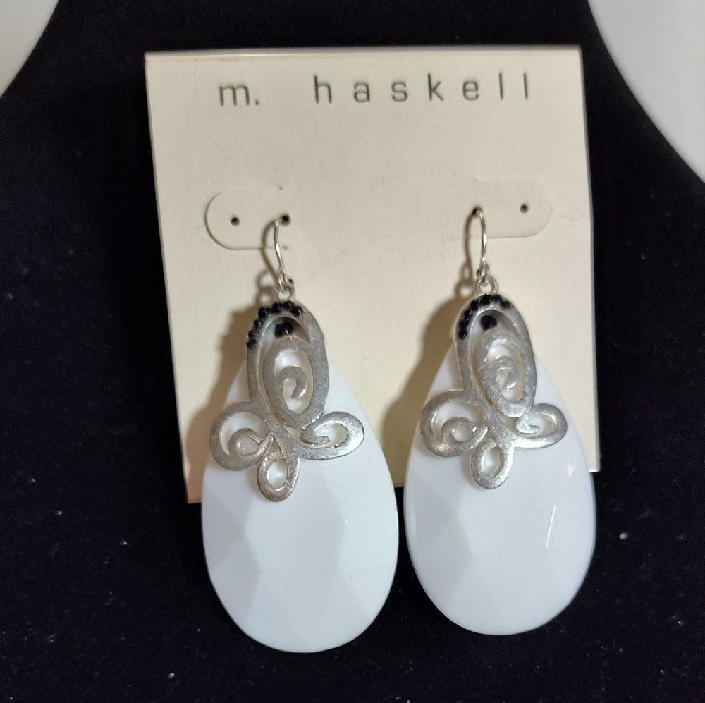Silver Tone and White Faceted Earrings